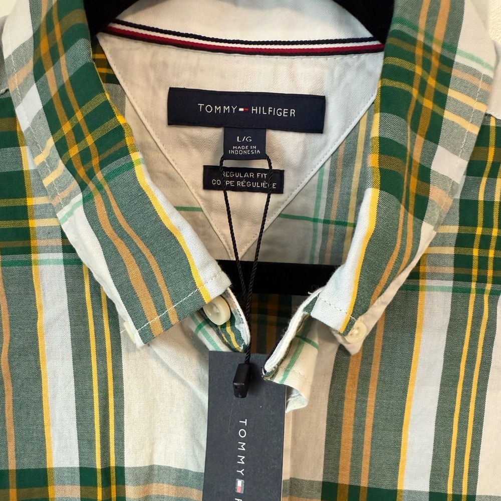 NWT Men’s L Tommy Hilfiger Fall Basics Button‎ Up Dress Shirt Green Plaid Long - Picture 9 of 14